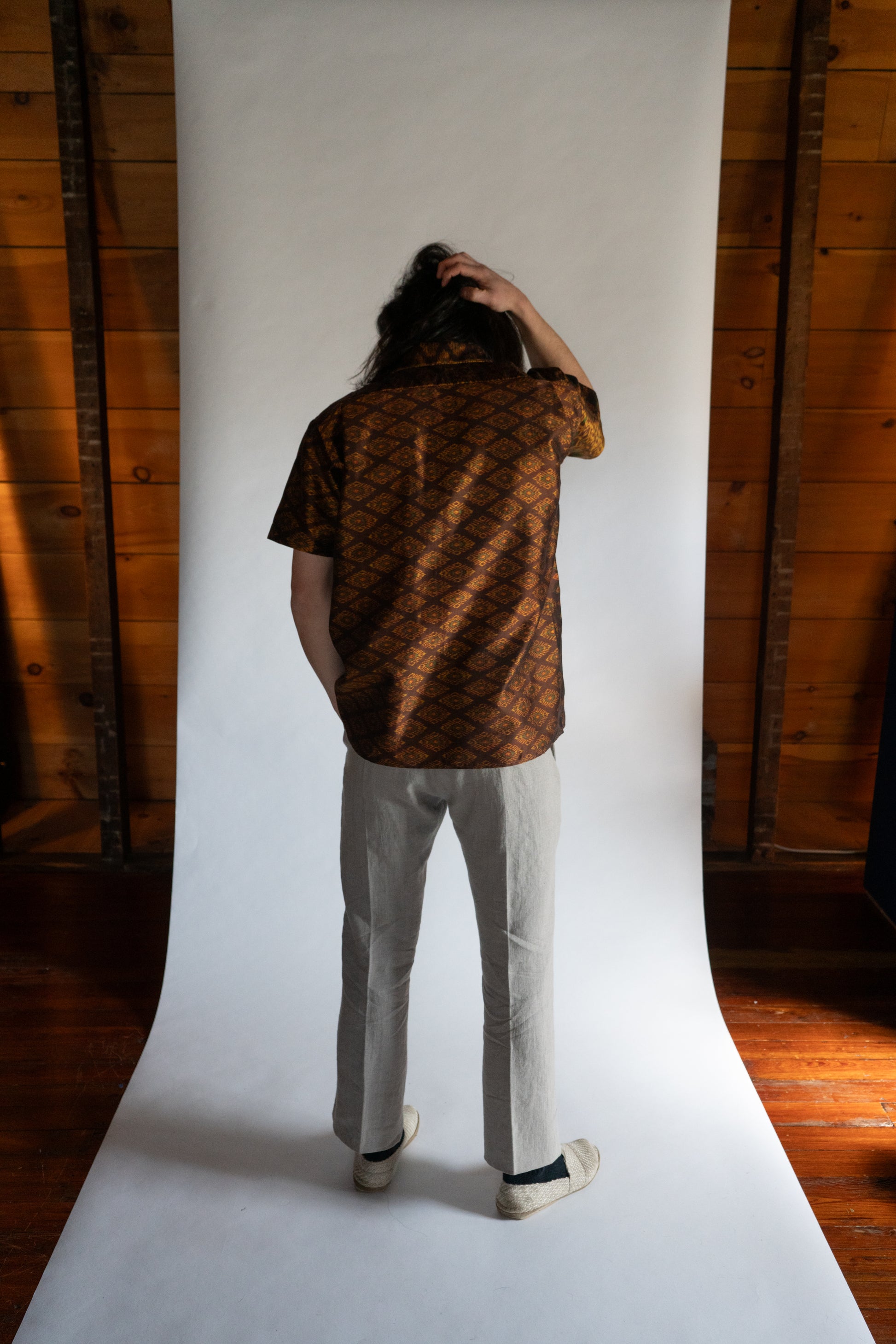 Auburn Cambodian silk button down shirt, back view