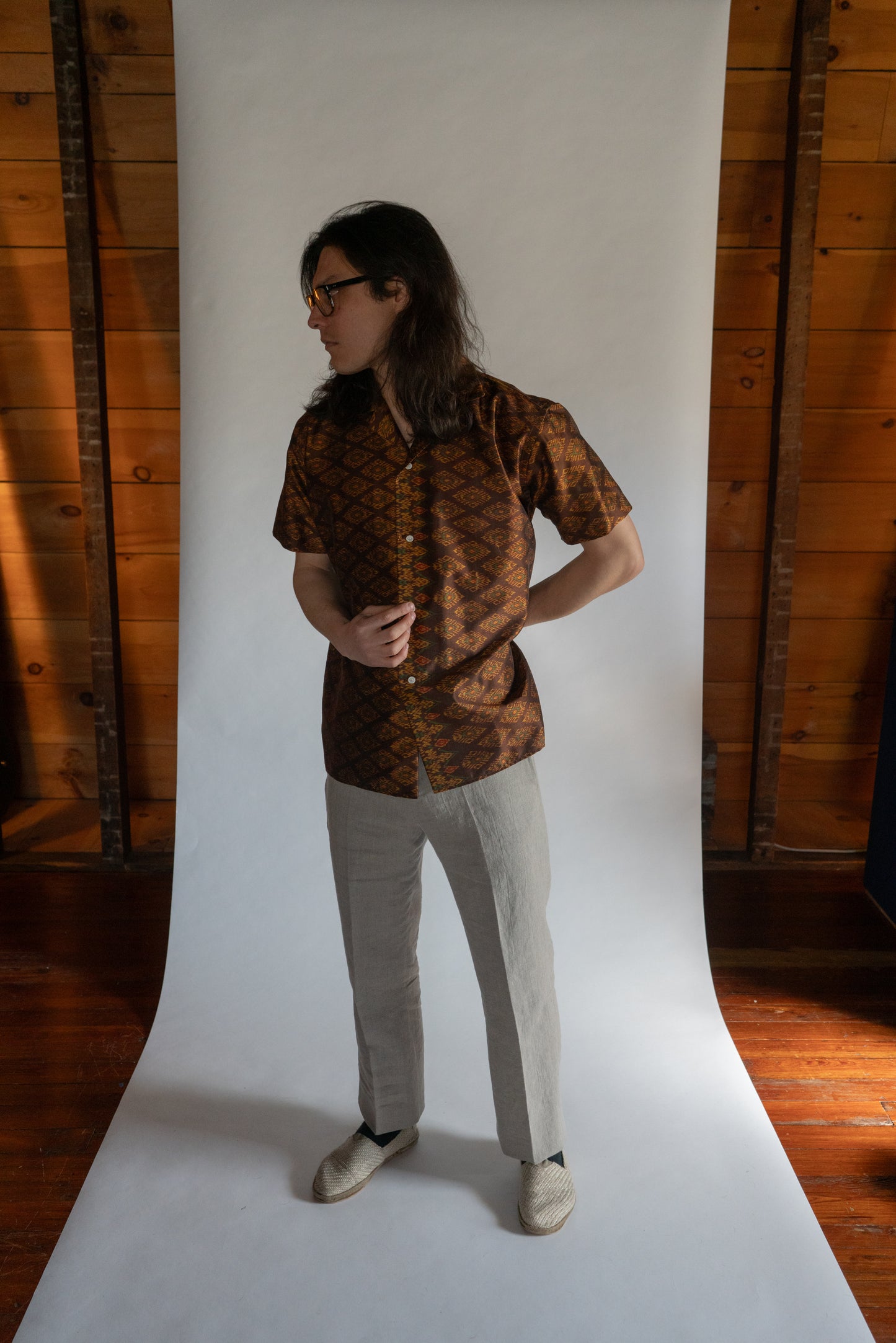 Auburn Cambodian silk button down shirt, front view