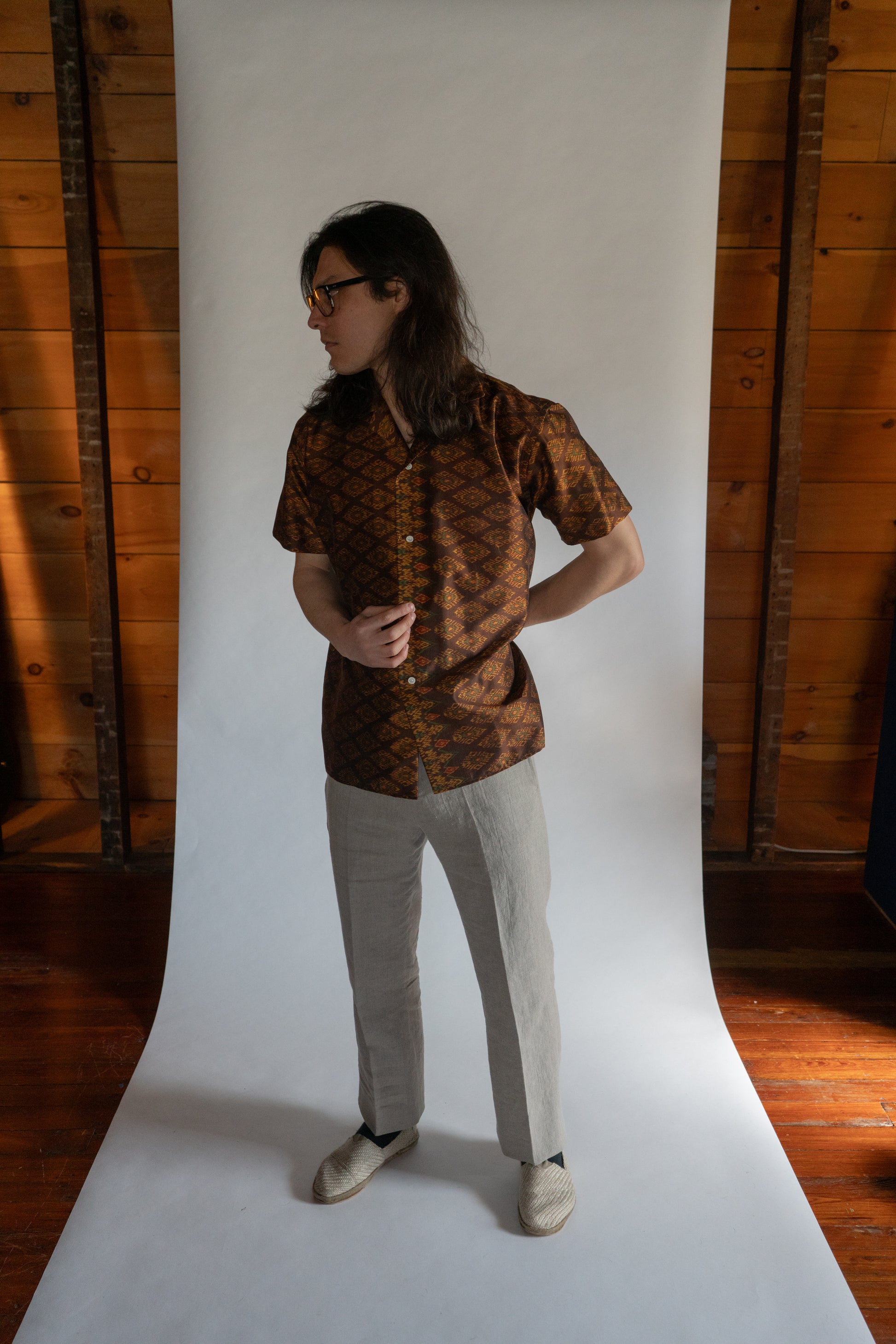 Auburn Cambodian silk button down shirt, front view