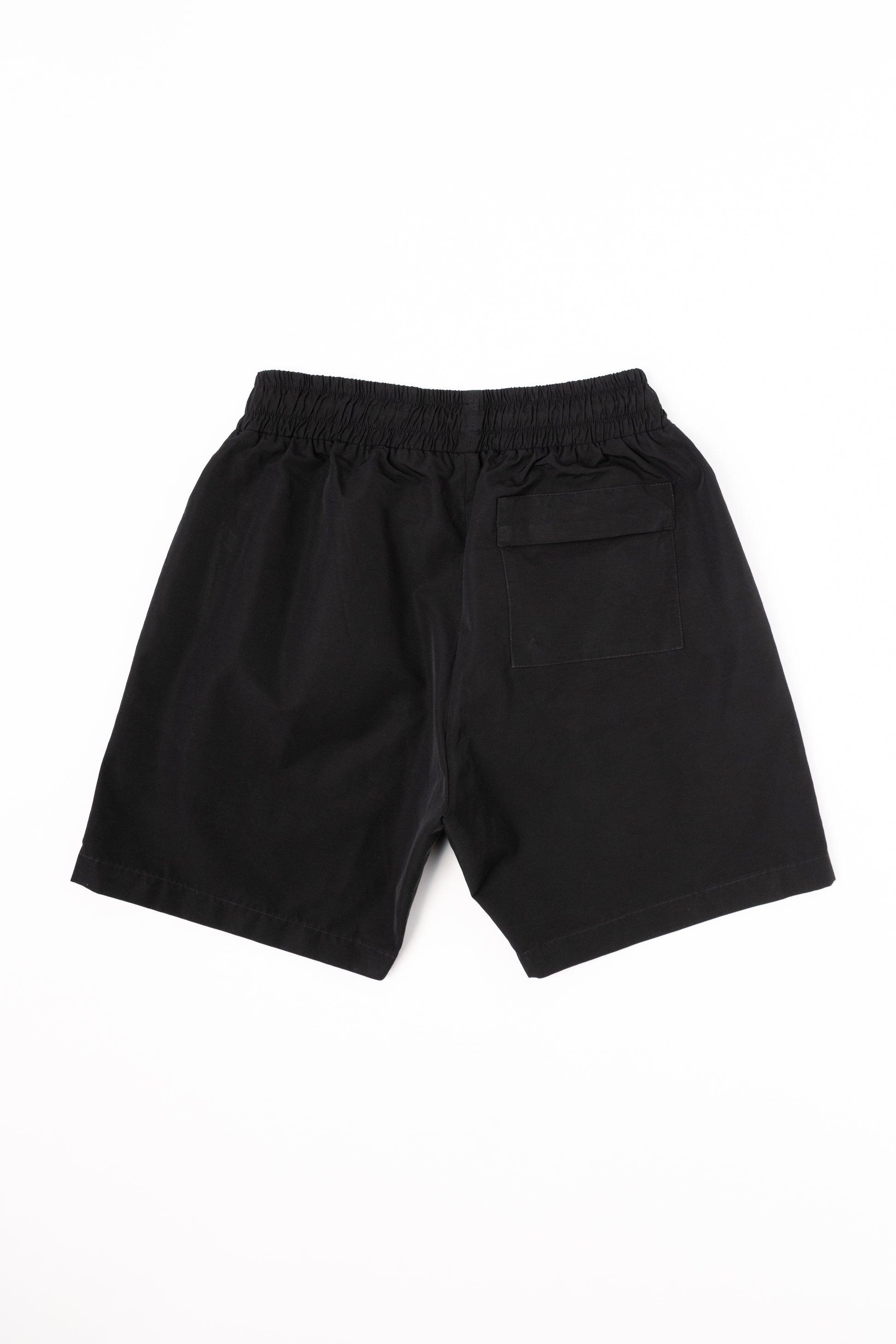 Black shorts, flat back view