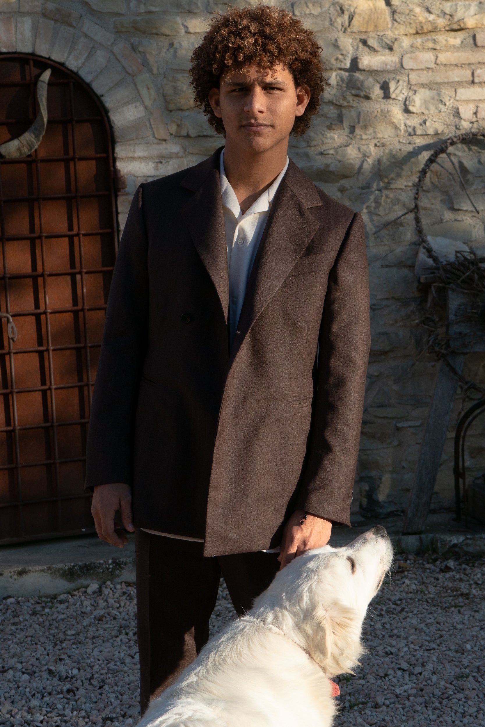 Chestnut brown double breasted jacket, front view