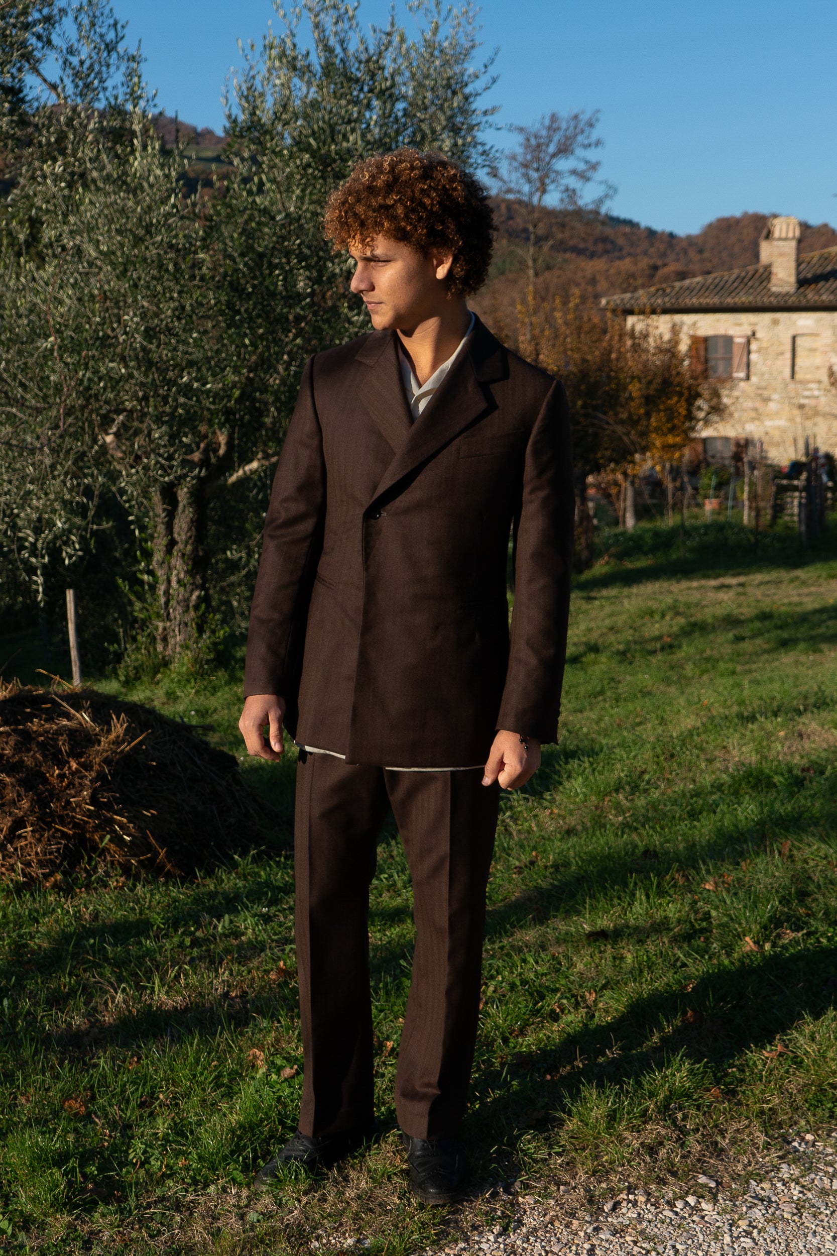 Chestnut brown double breasted jacket, full view