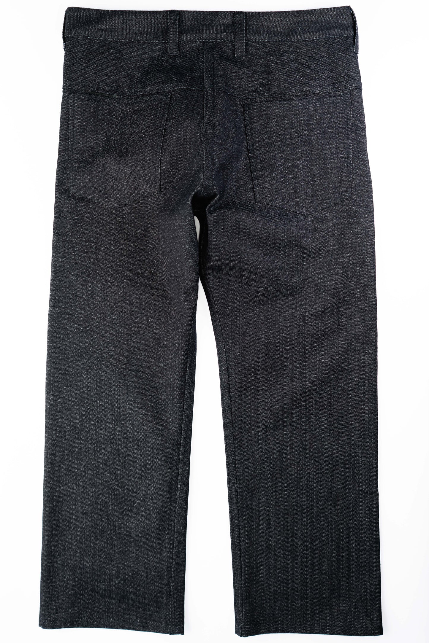 Dark indigo denim, flat back view