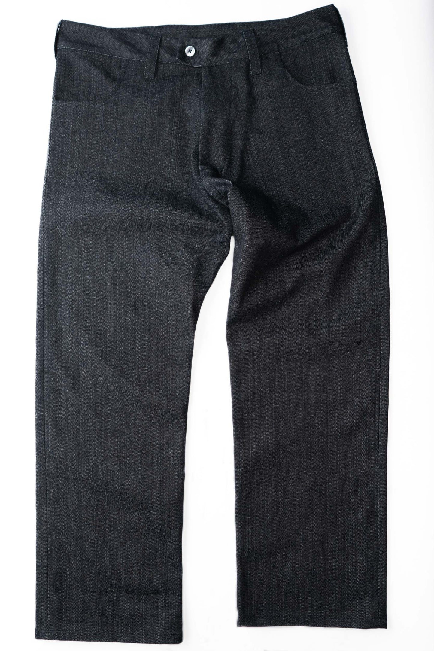 Dark indigo denim, flat front view