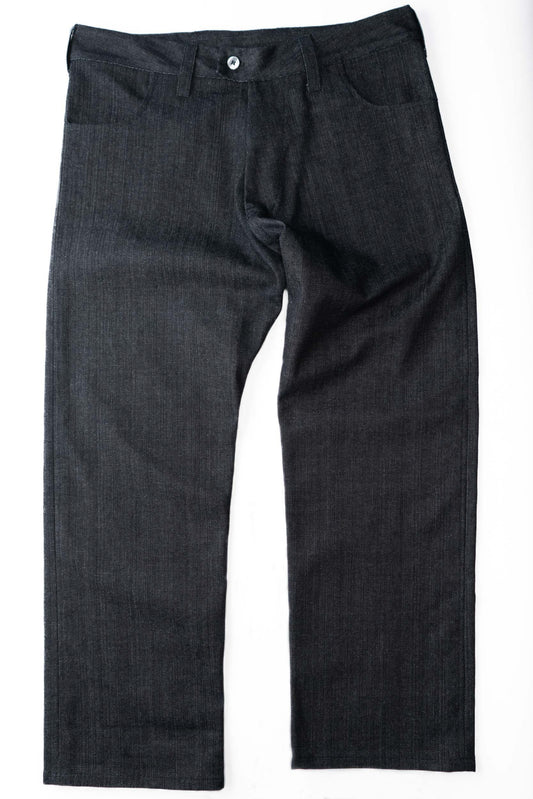 Dark indigo denim, flat front view