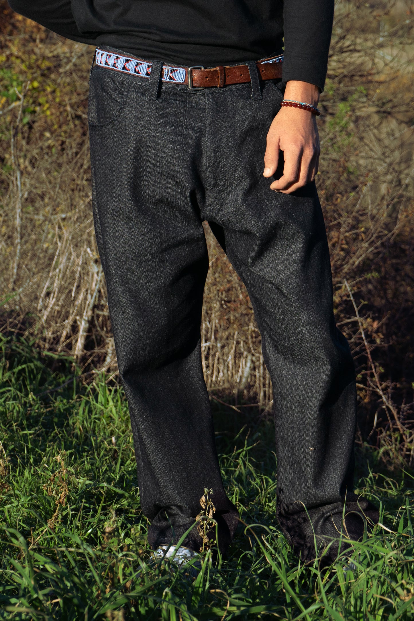 Dark indigo denim, front view