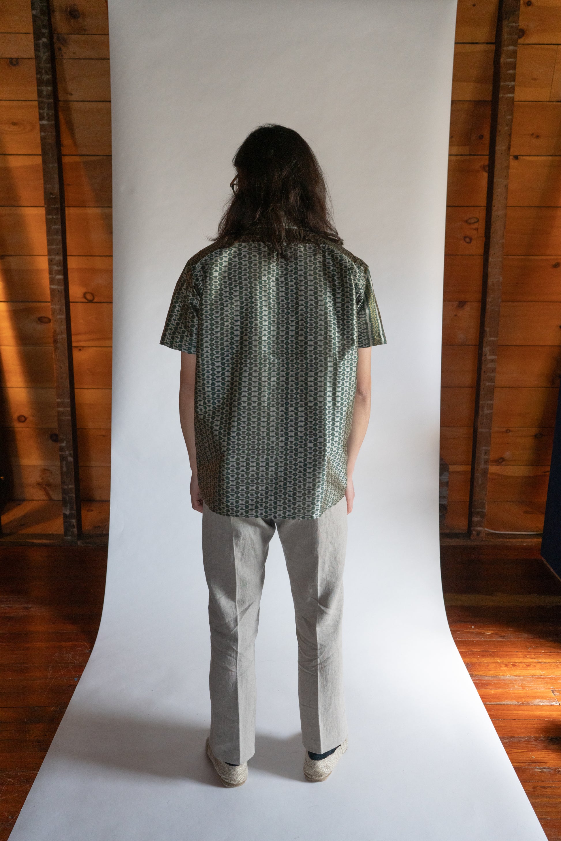 Green Cambodian silk button down, back view