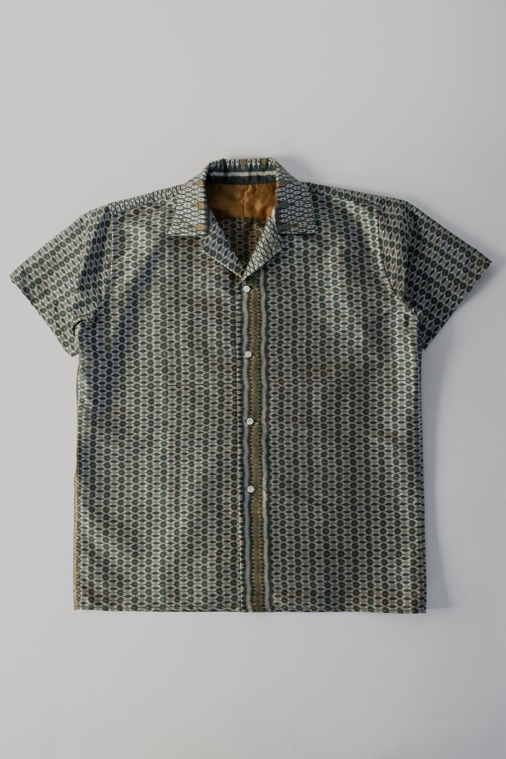 Green Cambodian silk button down shirt, flat front view