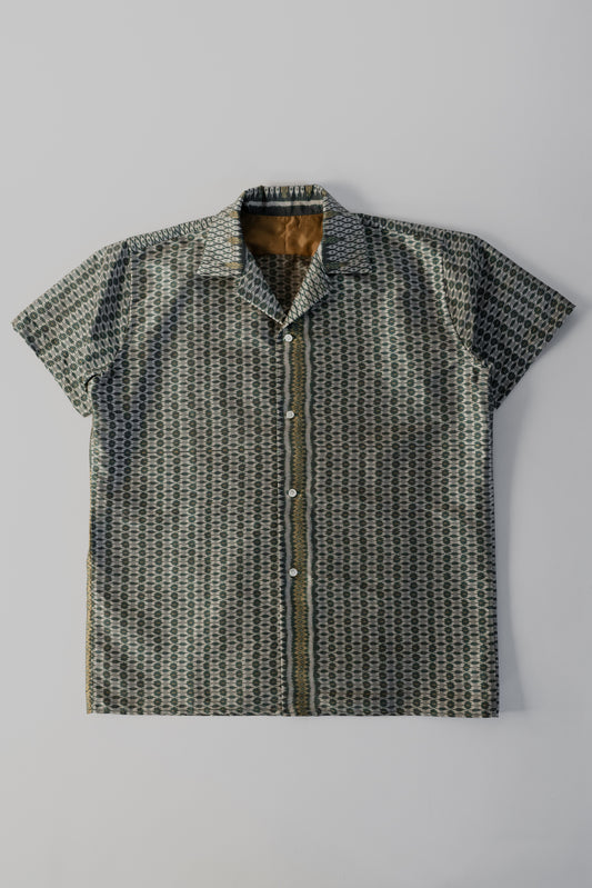 Green Cambodian silk button down shirt, flat front view