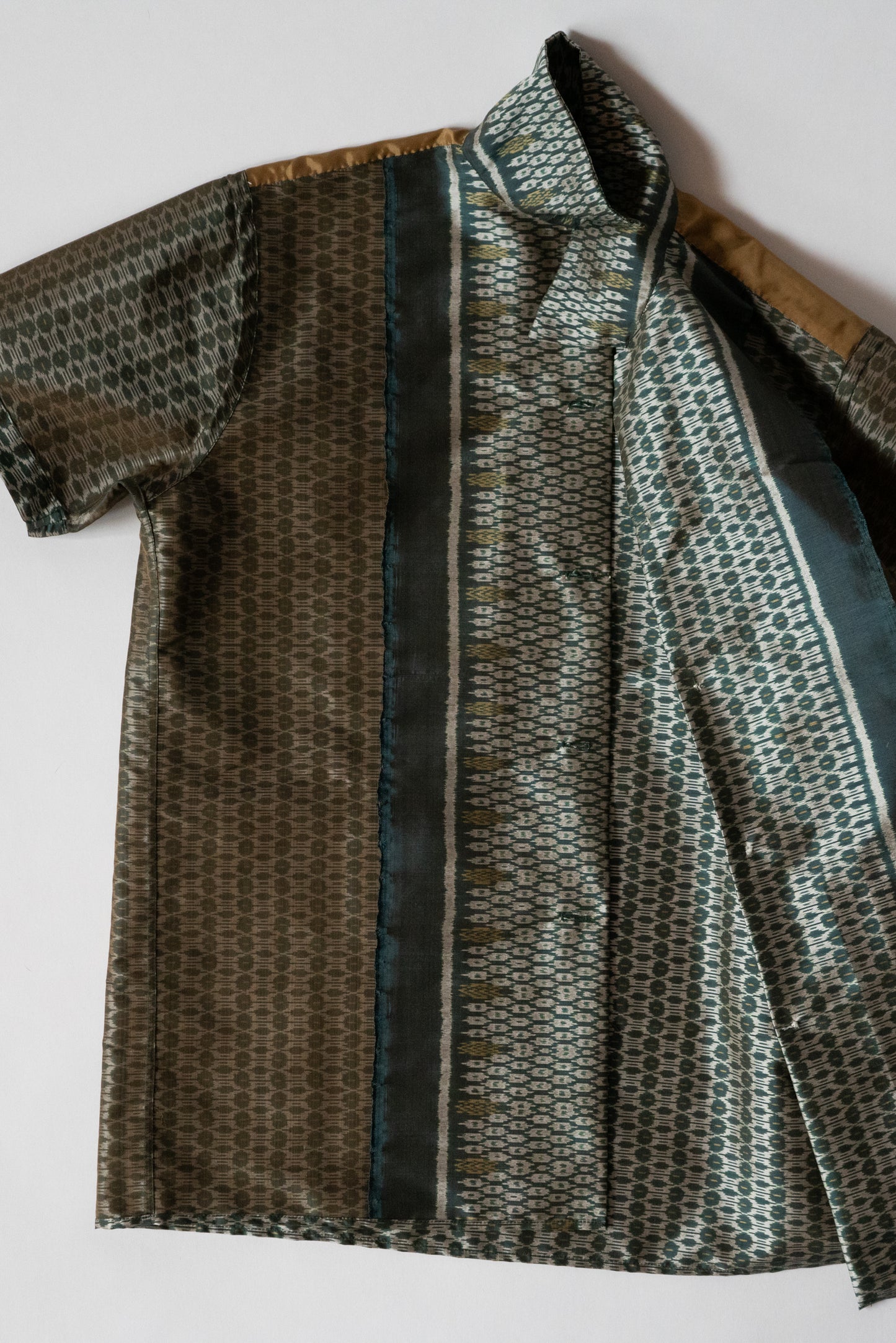 Green Cambodian silk button down, flat inside view