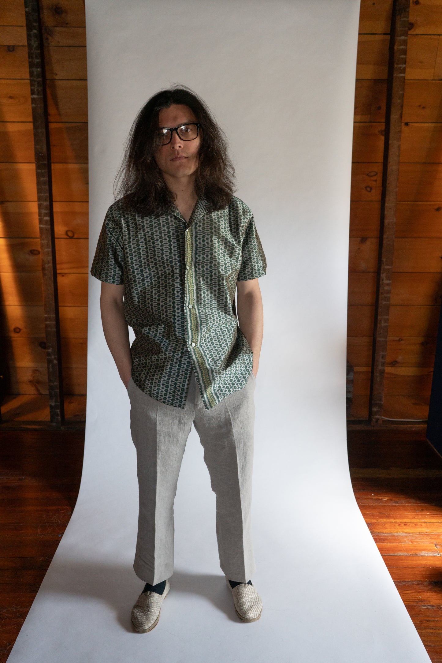Green Cambodian silk button down, front view
