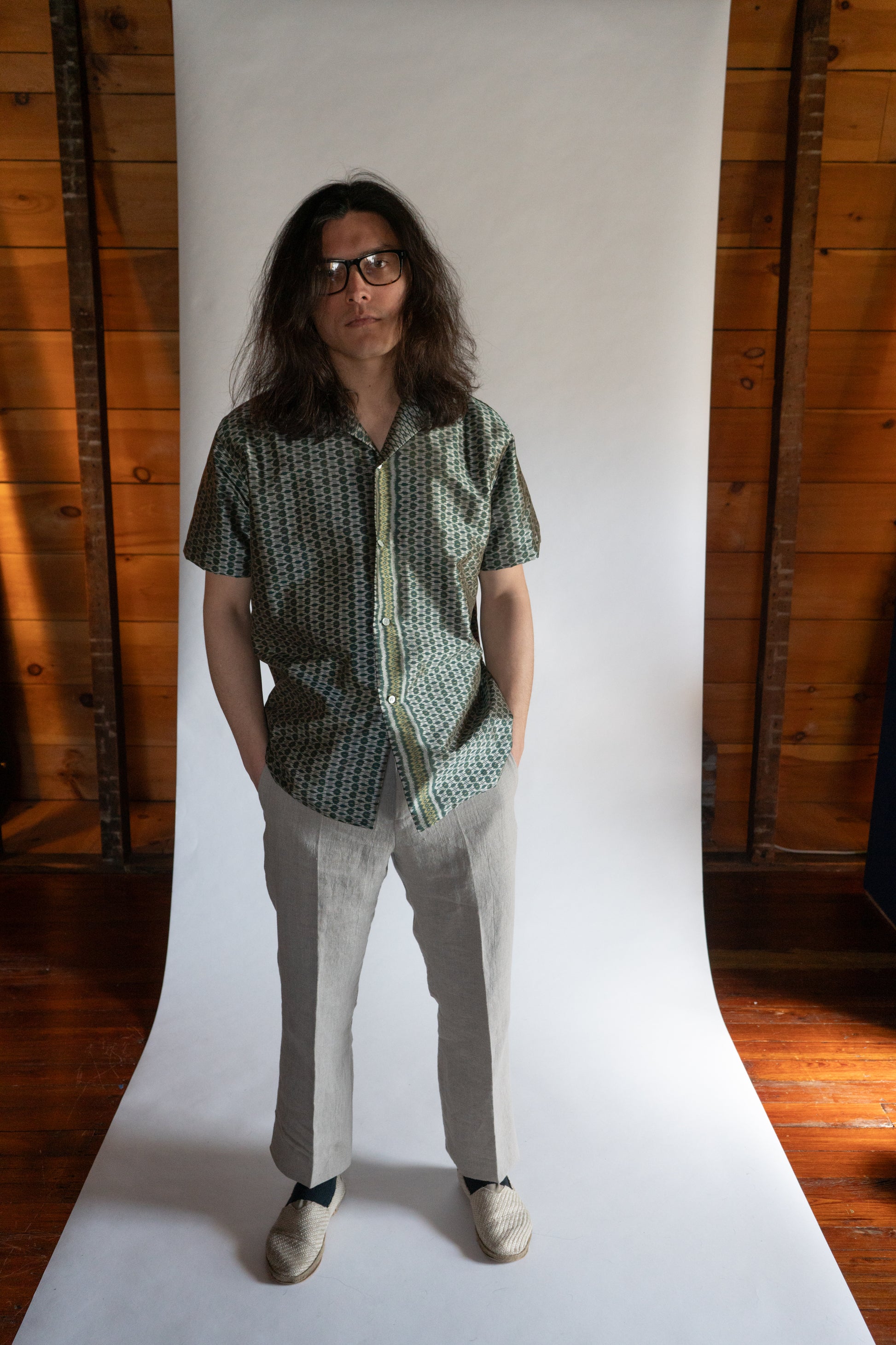 Green Cambodian silk button down, front view