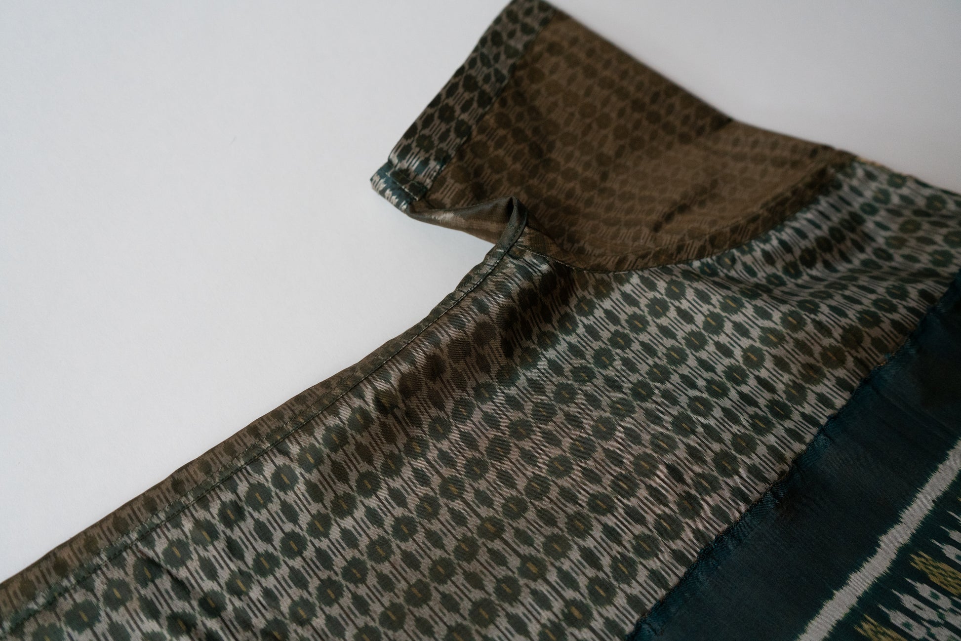 Green Cambodian silk button down, inside sleeve view