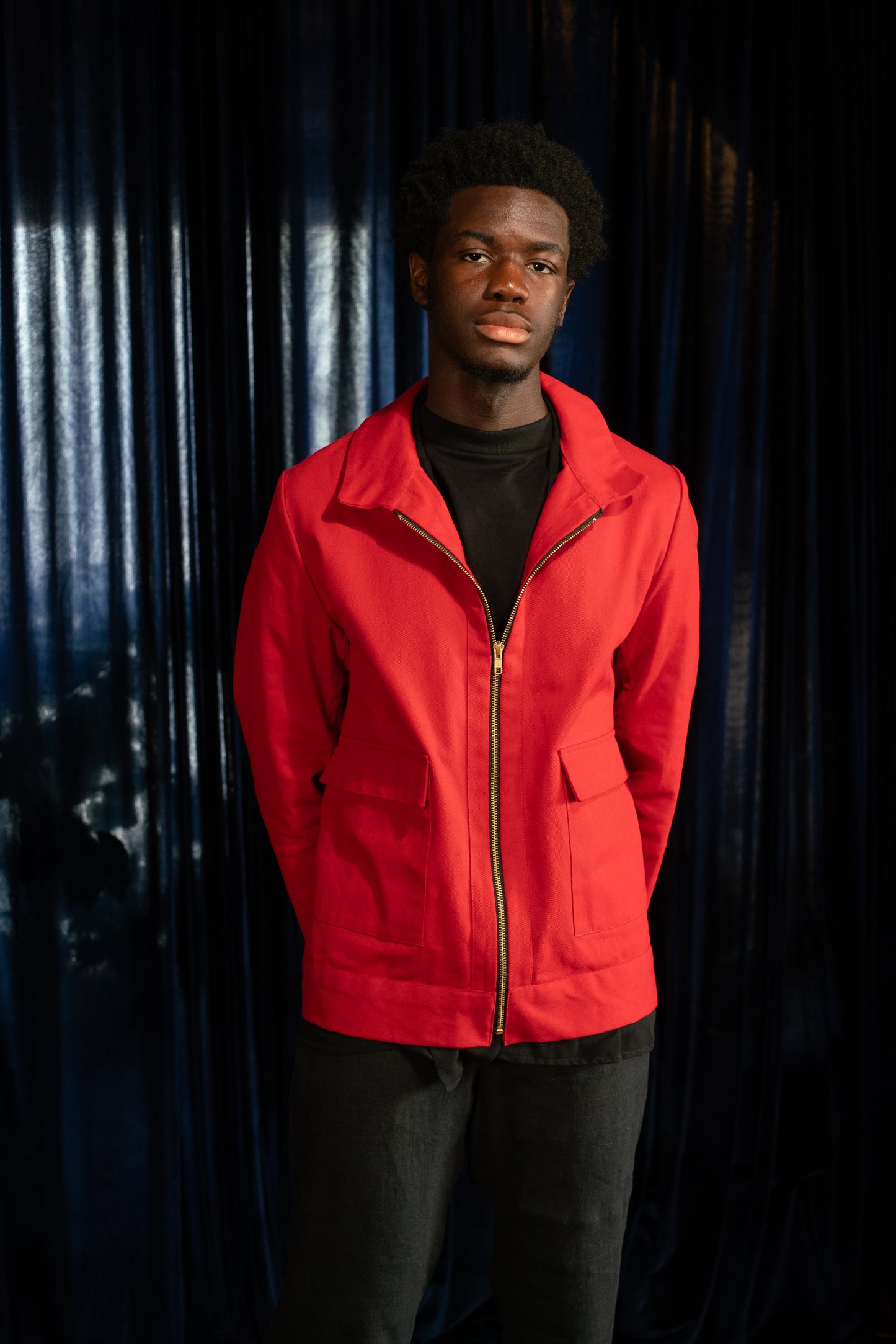 Red cotton jacket, closeup model view
