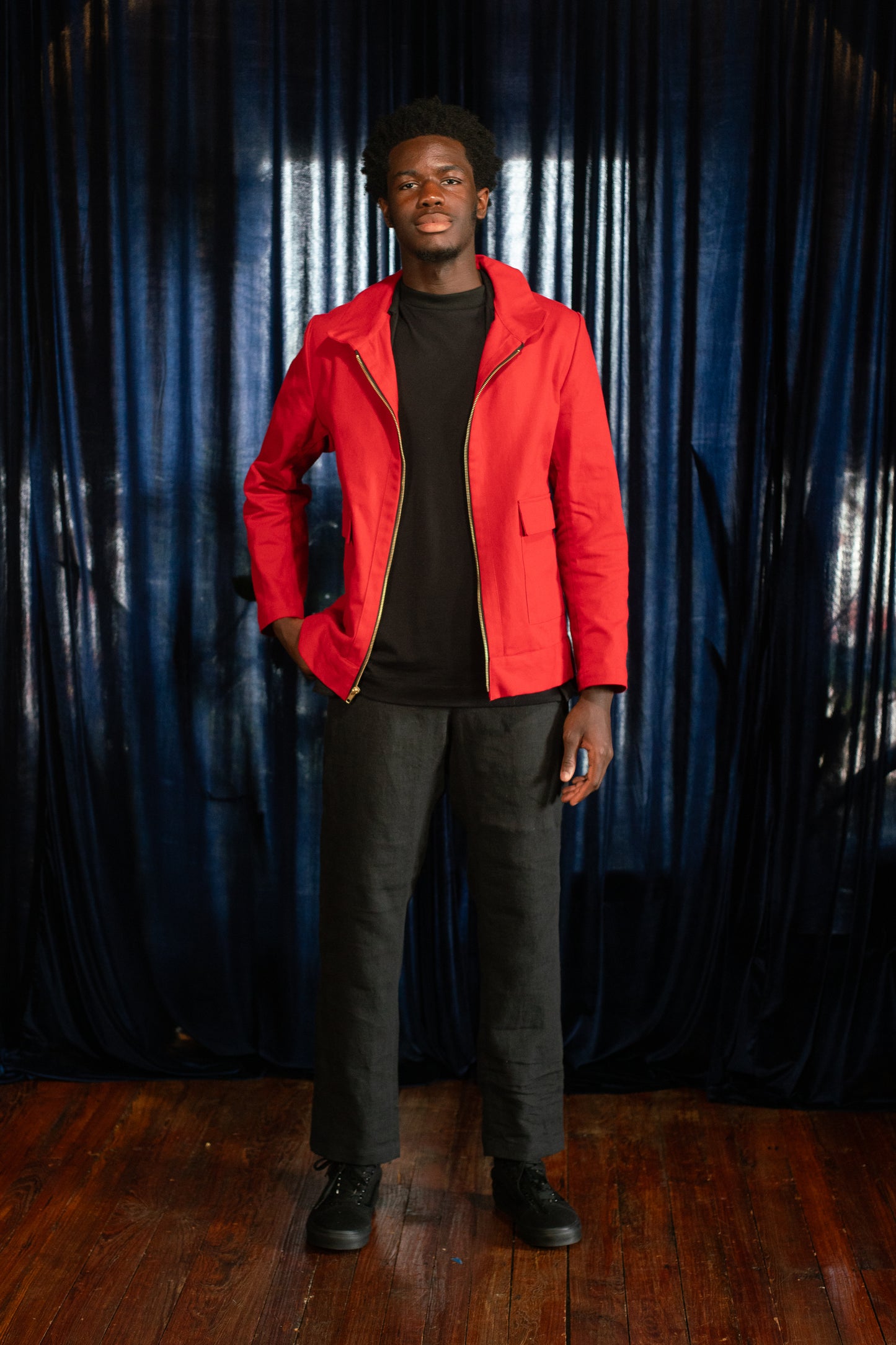 Red cotton jacket, model front view