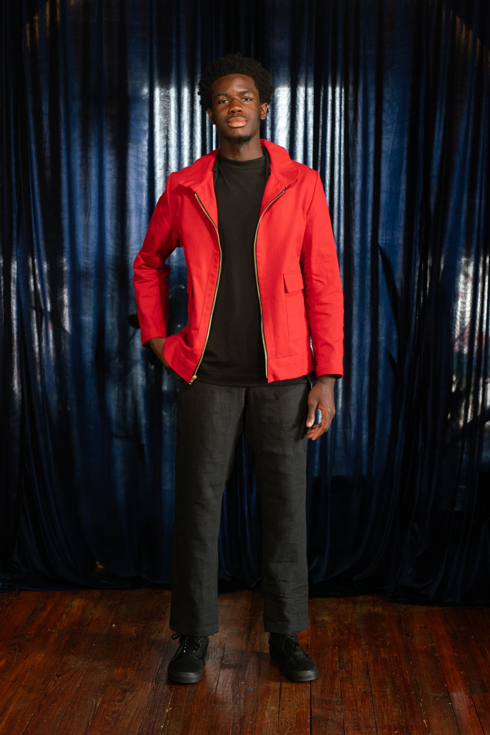 Red cotton jacket, model front view