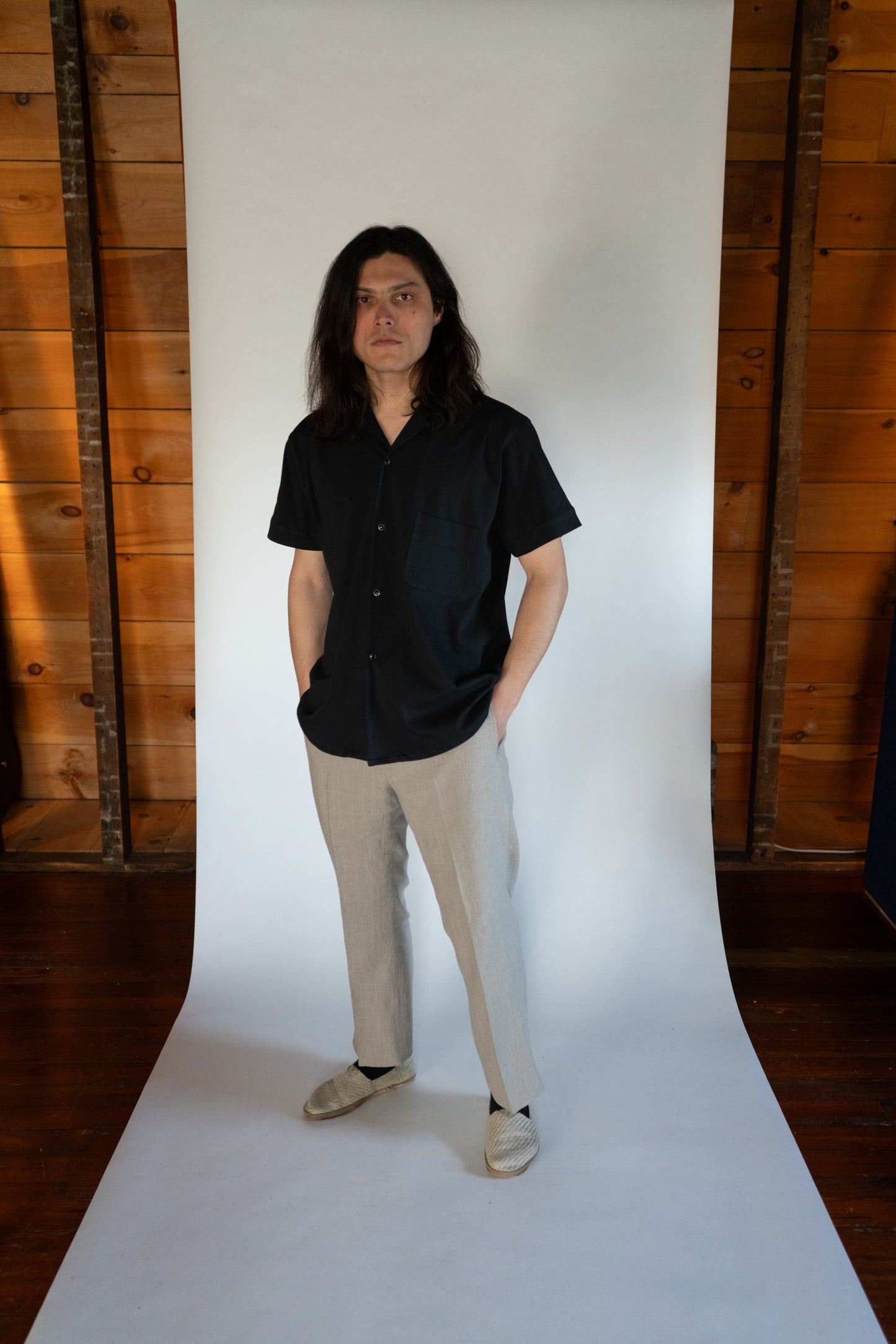 Short sleeve knit cotton button down shirt, front view