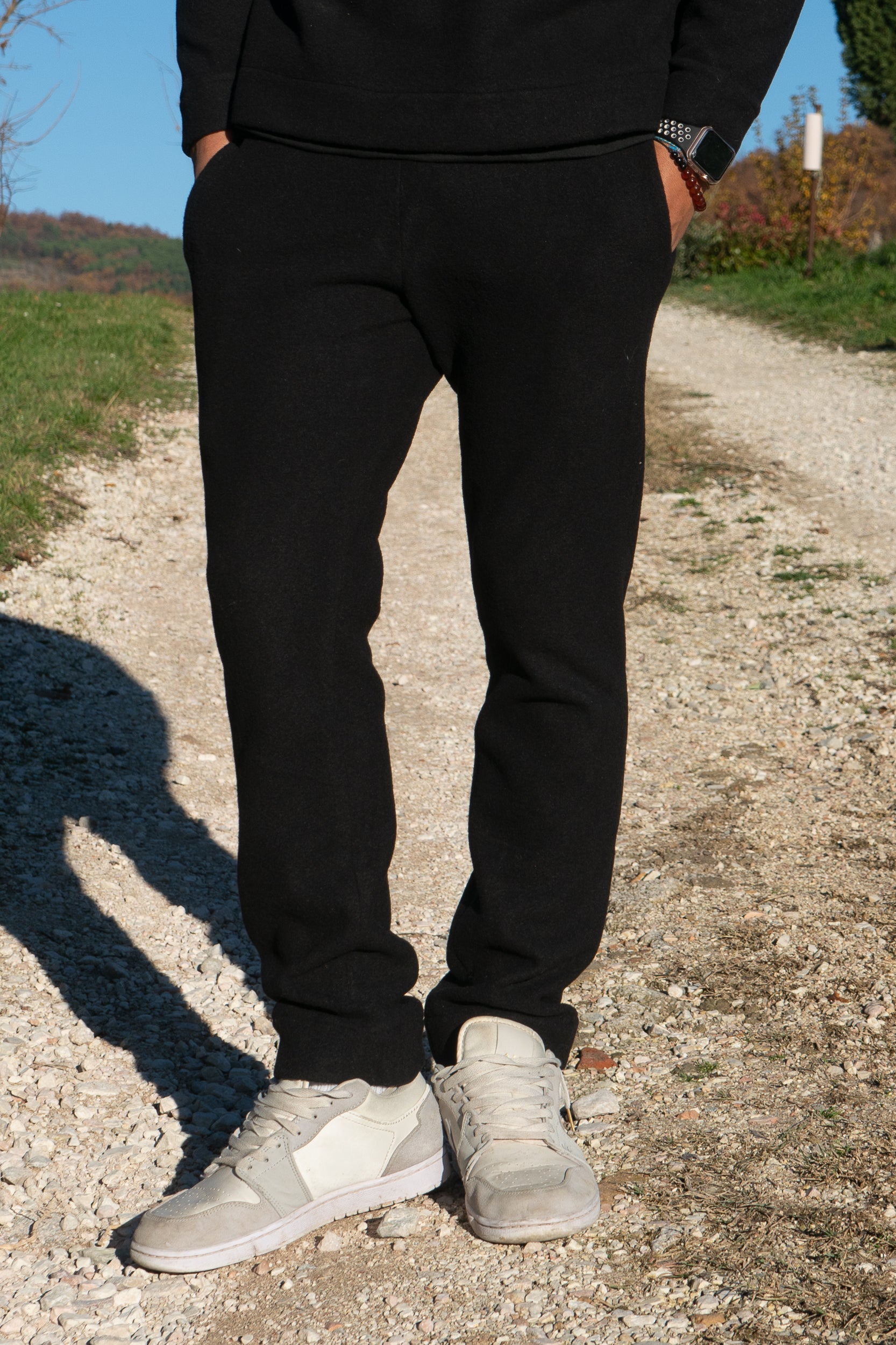 Wool fleece sweatpants, front view
